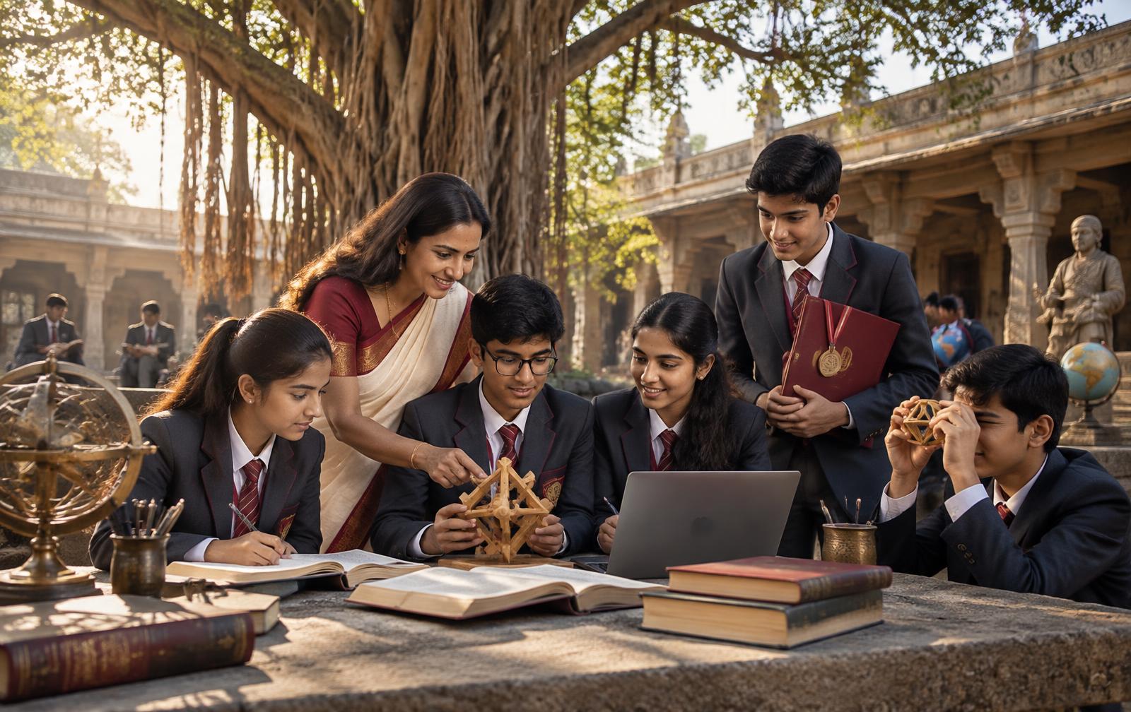 Indian students exploring knowledge, memory and problem solving through a modern Gurukulam learning experience